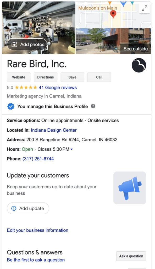A screenshot of Rare Bird's Google Business Profile after this blog post prompted the team to post some updates.