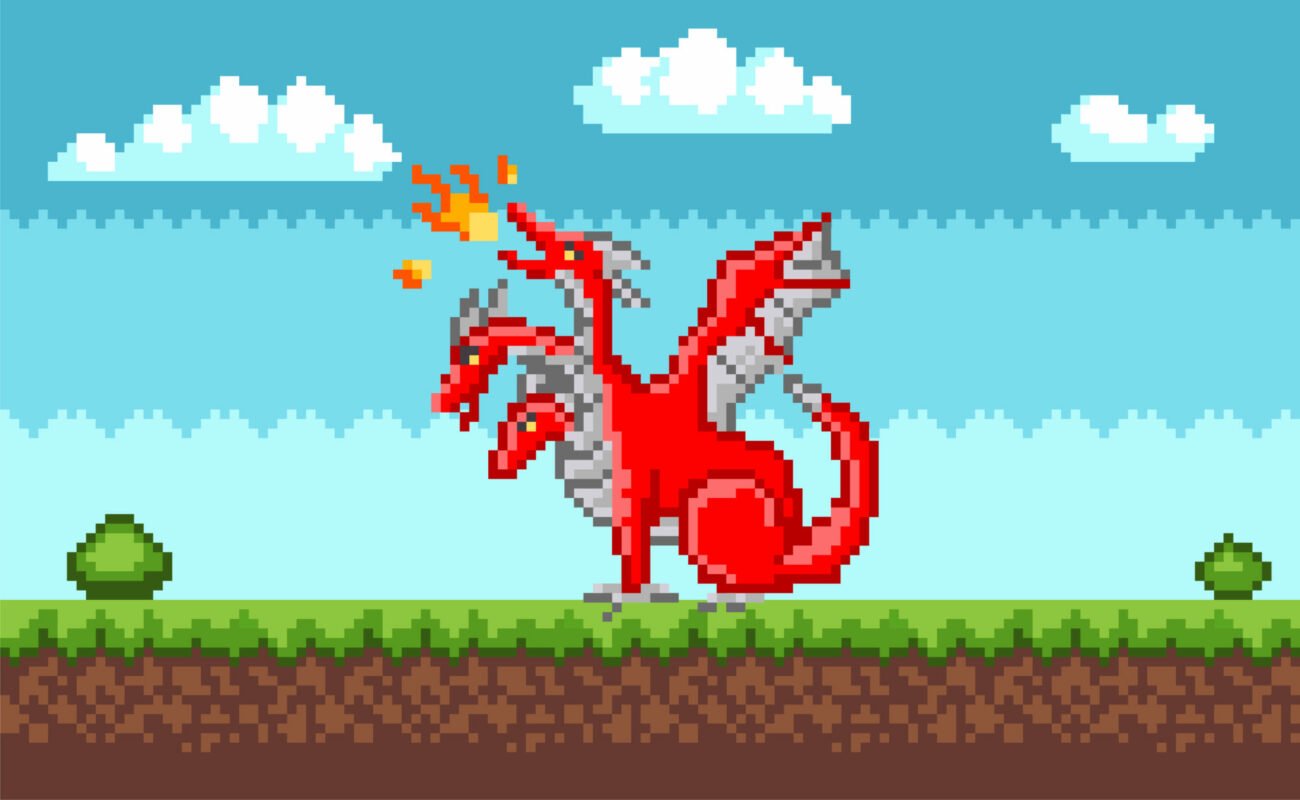 Pixel monster character red three-headed dragon. Pixelated dinosaur with wings breathes fire in nature landscape.