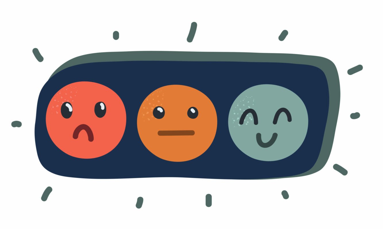 Cartoon illustration of round faces emotion rate over dark background